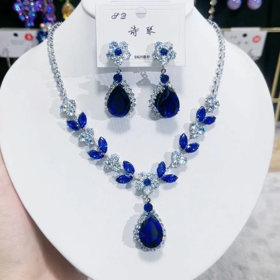 Women Colorful Fashion Zircon Necklace Earrings 2025