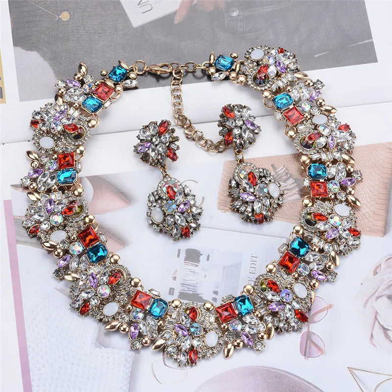 White Crystal Rhinestone Choker Necklace Earrings Women Jewelry Sets