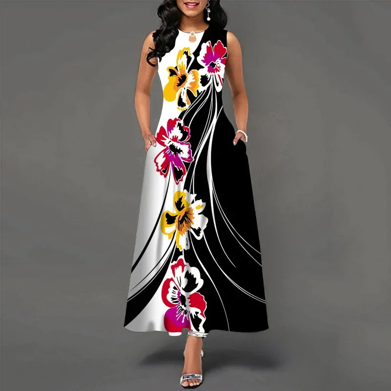 Flower Print New Casual Sleeveless Long Dress Women's V-Neck Printed Dress Swing Bohemian Retro Dresses - Hiron Store