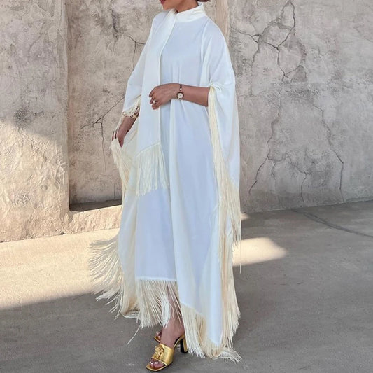 Muslim Bat Sleeve Tassel Robe Light Apricot Eid Party Evening Dress Morocco Turkey Dubai Robe