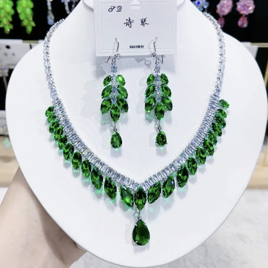 Women Colorful Fashion Zircon Necklace Earrings 2025