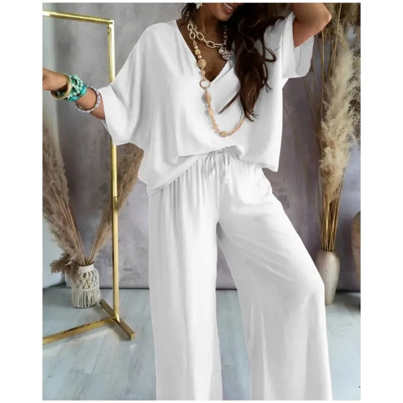 Mujer Casual Loose Solid V-neck Short Sleeved Top Pants Set White Fashion Wide Leg Pants Set  2 Piece Sets Womens Outfits Summer - Hiron Store