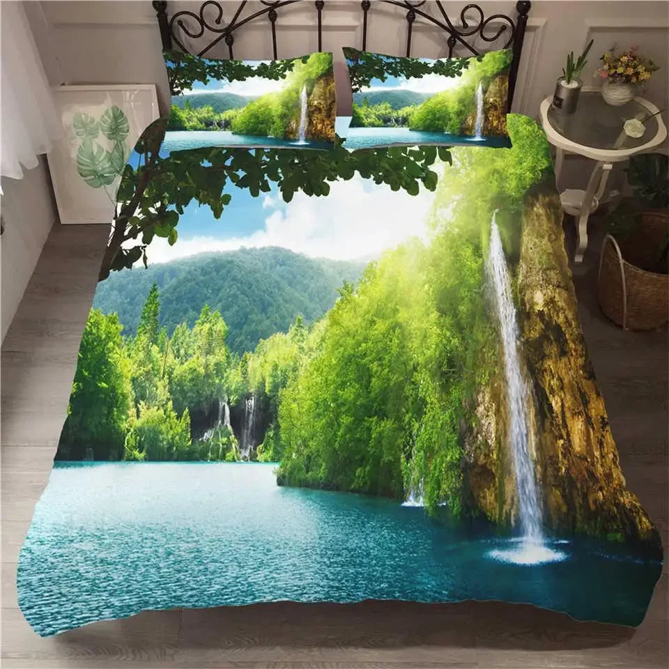 Waterfall Duvet Cover Set Natural Scenery Quilt Cover Pillowcase Landscape Forest Queen Size Polyester Bedding Set