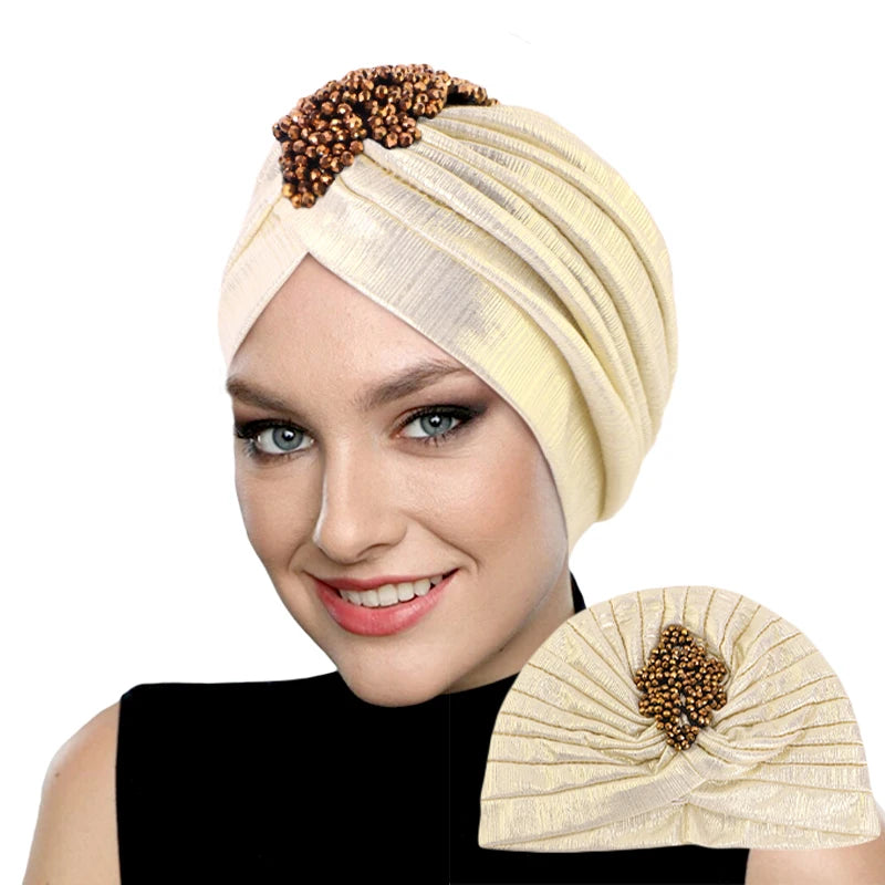 New Women's Luxury Diamond Turban Cap, Elastic Bandana Beanie, Chemo Cap, Muslim, Indian & African Hat Headwear