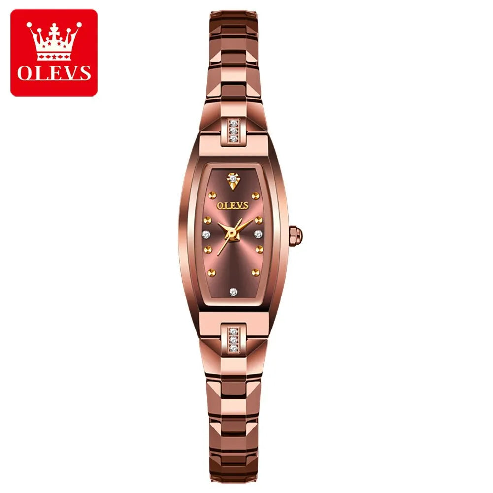 OLEVS Slim Thin Watch for Women Luxury Tungsten Steel Band Tonneau Design Square Shape Elegant Diamond Quartz Ladies Watch - Hiron Store