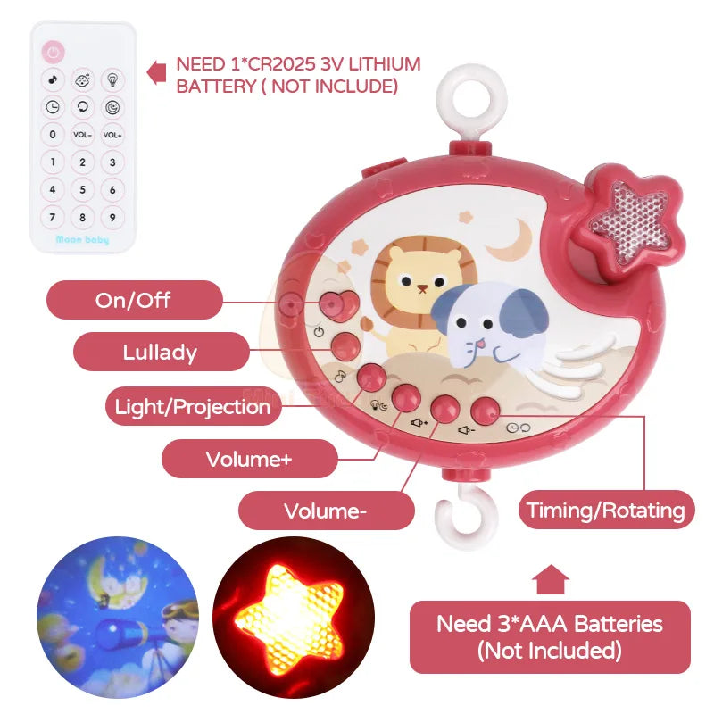 Baby Crib Mobile Rattle Toy For 0-12 Months Infant  Rotating Musical Projector Night Light Bed Bell