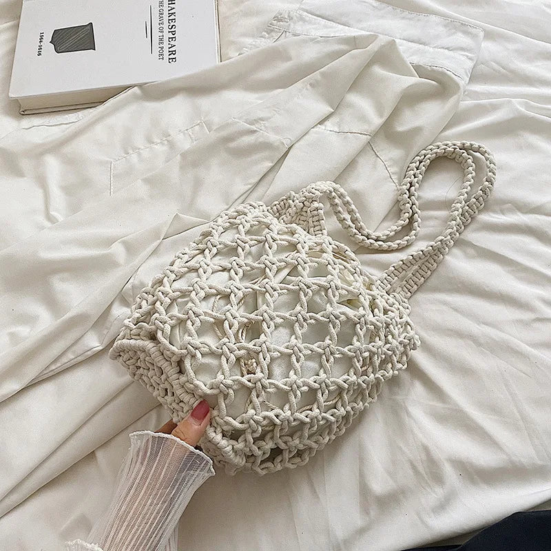 Drawstring Women's Straw Bucket Bag Summer Woven Shoulder Bags Purse Beach Handbag Straw Handbags Casual Crossbody Bag - Hiron Store