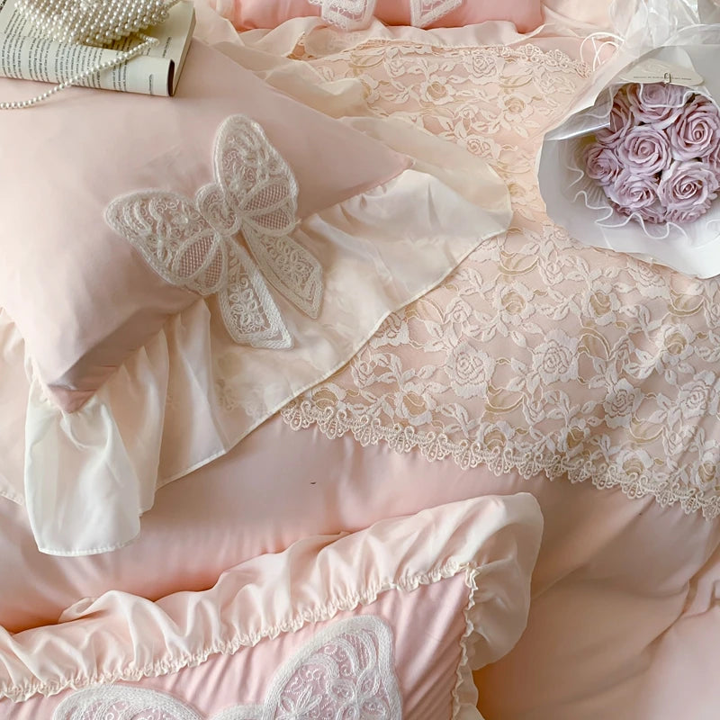 Princess Bedding Set Coquette Lace Bow Beauty Solid Colour Comforter Sets Luxury  Duvet Cover