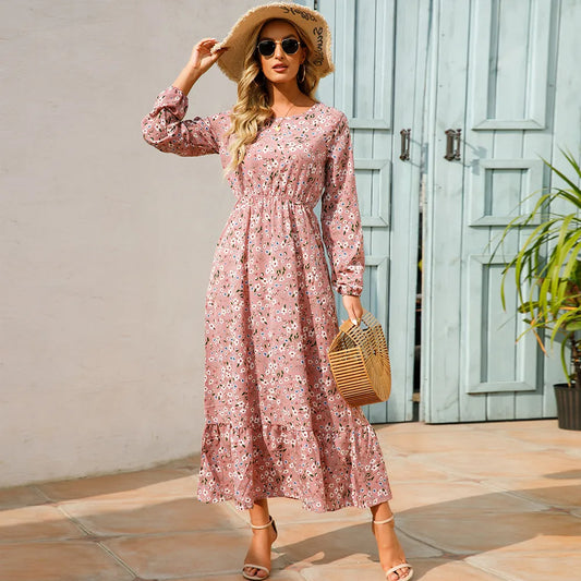 2024 Sping Summer Bohemian Women Maxi Dress Casual Long Sleeve High Waist Beach Woman Chiffon Dresses Floral Vestidoes Mujer New - Hiron Store