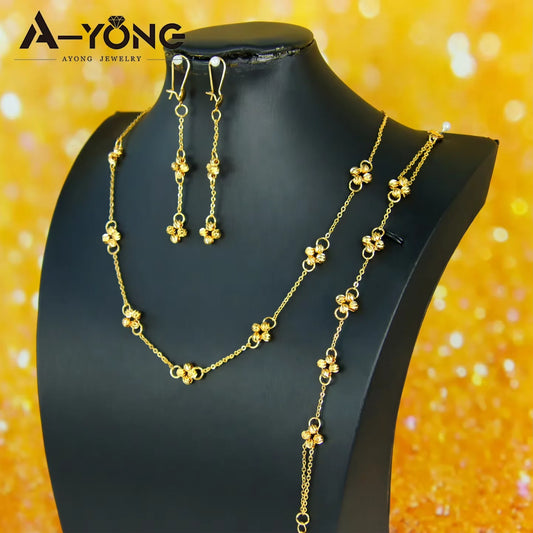 Italian Elegant Gold Color Bead Flower Necklace Set 21k Gold Plated Dubai French Women Bridal Cocktail Party Jewelry