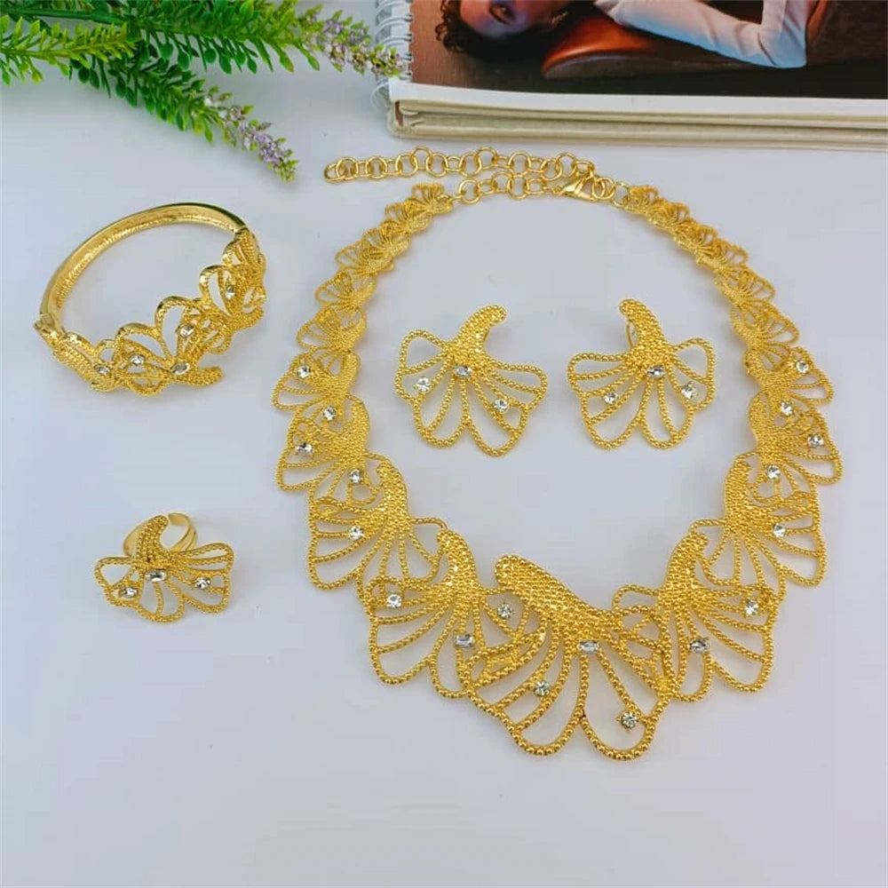 Dubai Gold Plated Jewelry Set Coloful Stone Necklace Elegant Bracelet Earrings