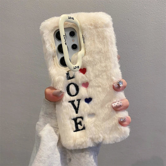 Cute Love Heart Fur Fluffy Phone Case For Samsung S24 S23 Ultra A55 A54 A35 A15 A14 5G Soft Plush Camera Lens Holder Stand Cover