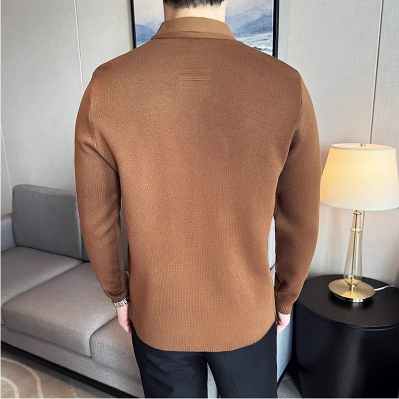 Autumn New Fake 2 Pieces Knitted Cardigan, Shirt Collar Spliced Casual Pullovers,  Slim Sweater Coats 4XL-M