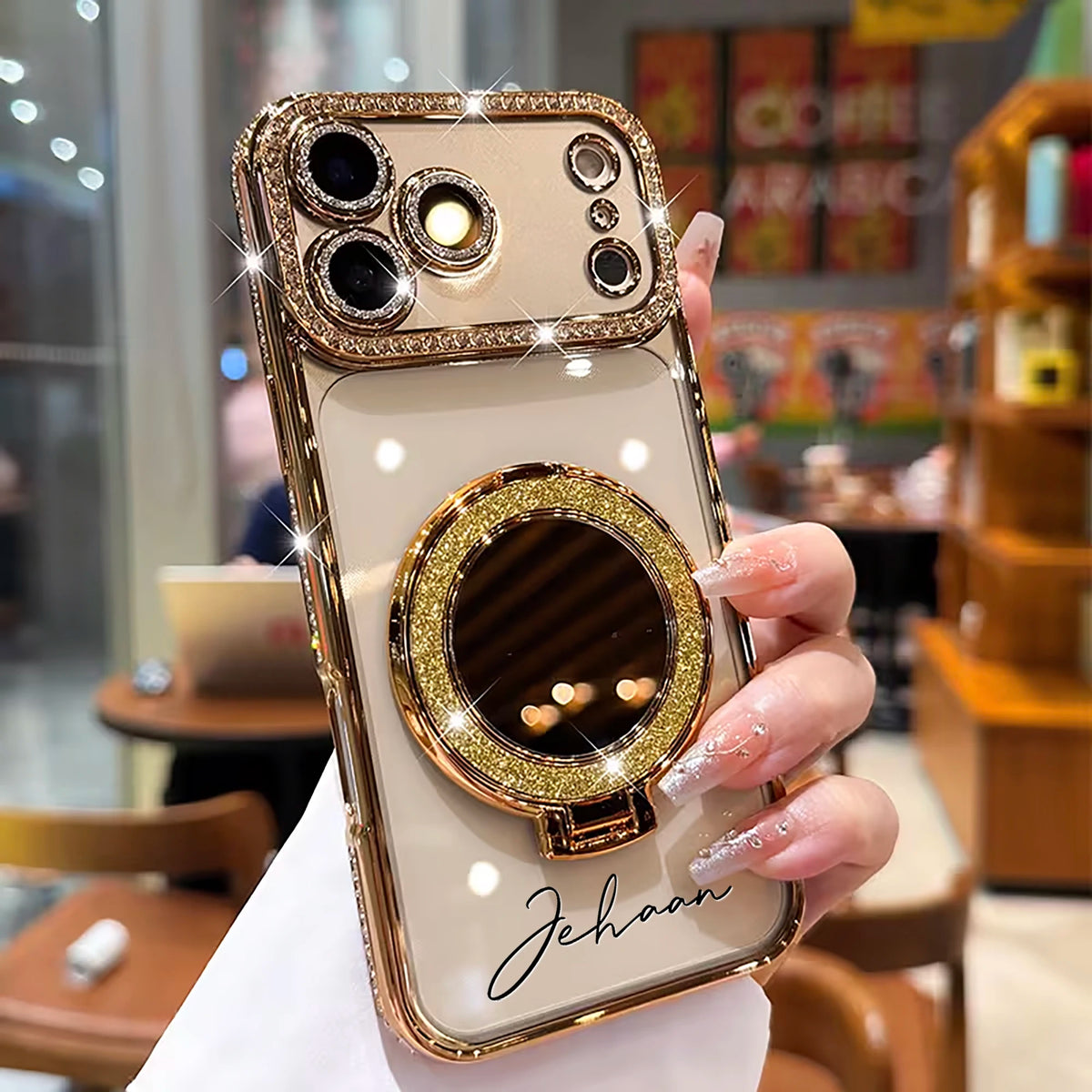 Customize Rhinestone Glitter  Bracket Makeup Mirror, iPhone Phone Case ,Anti Fall For iPhone 11 12 13 14 15 16 17Air 18Pro Max