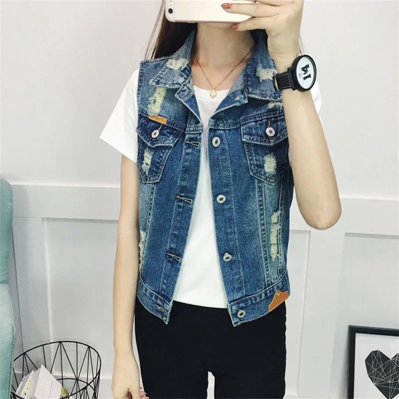 Women Clothes 2024 Sleeveless Jean Waistcoat Short Jacket Female Outerwear