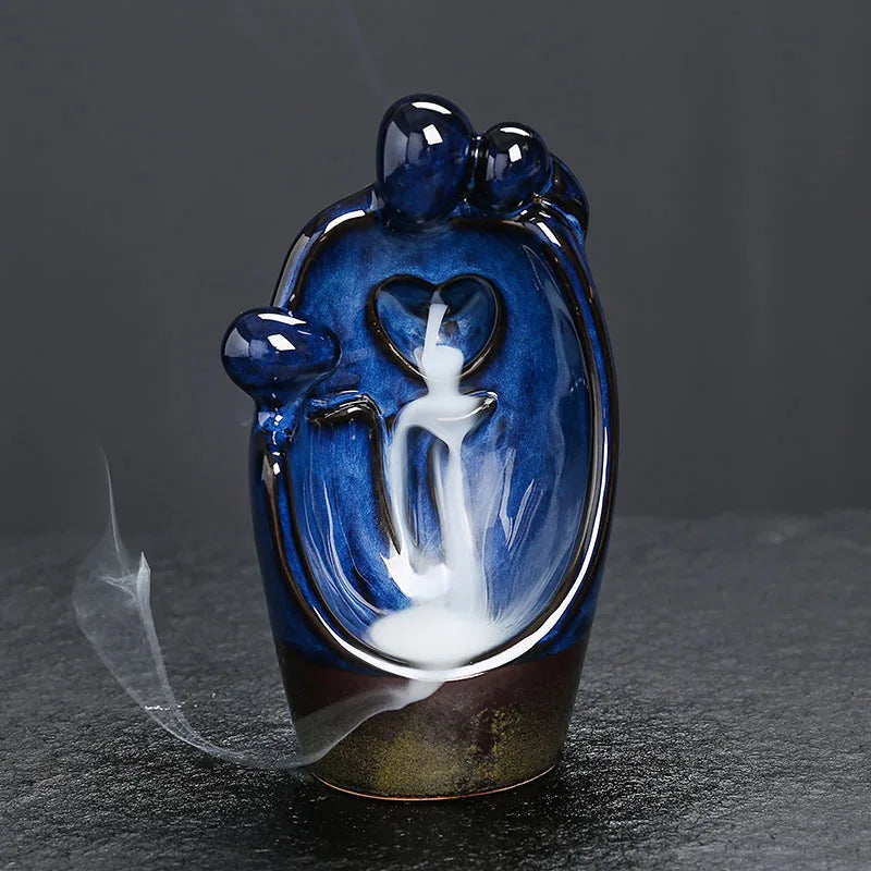 Ceramic Backflow Incense Burner Blue Kiln Variation Aromatherapy Furnace with Abstract Couple Design Perfect