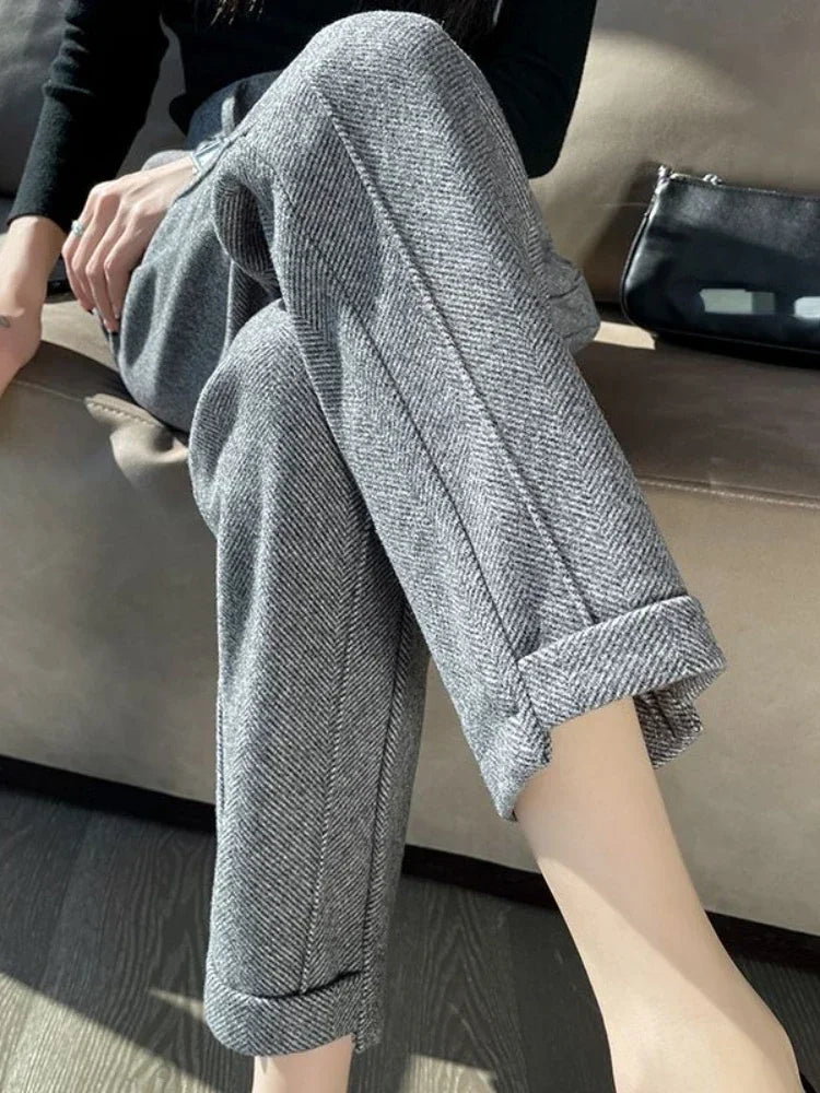 Warm Thickened Cropped Pants 2024 Winter Women' S Pants Loose Casual Herringbone High-waisted Tweed Straight Pants