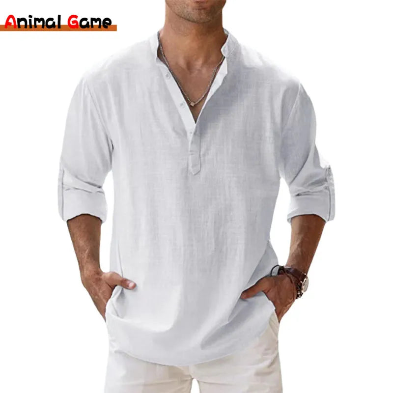 New Cotton Linen Shirts for Men Casual Shirts Lightweight Long Sleeve Henley Beach Shirts Hawaiian T Shirts for Men - Hiron Store