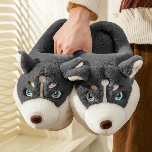 Women Indoor Cotton Slippers Cute Cartoon Dog Winter Warm Shoes Female Male House Footwear
