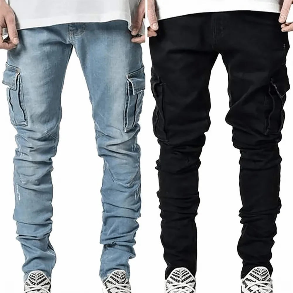 Street Elastic Jeans Men Denim Cargo Pants Multi Pockets Trousers