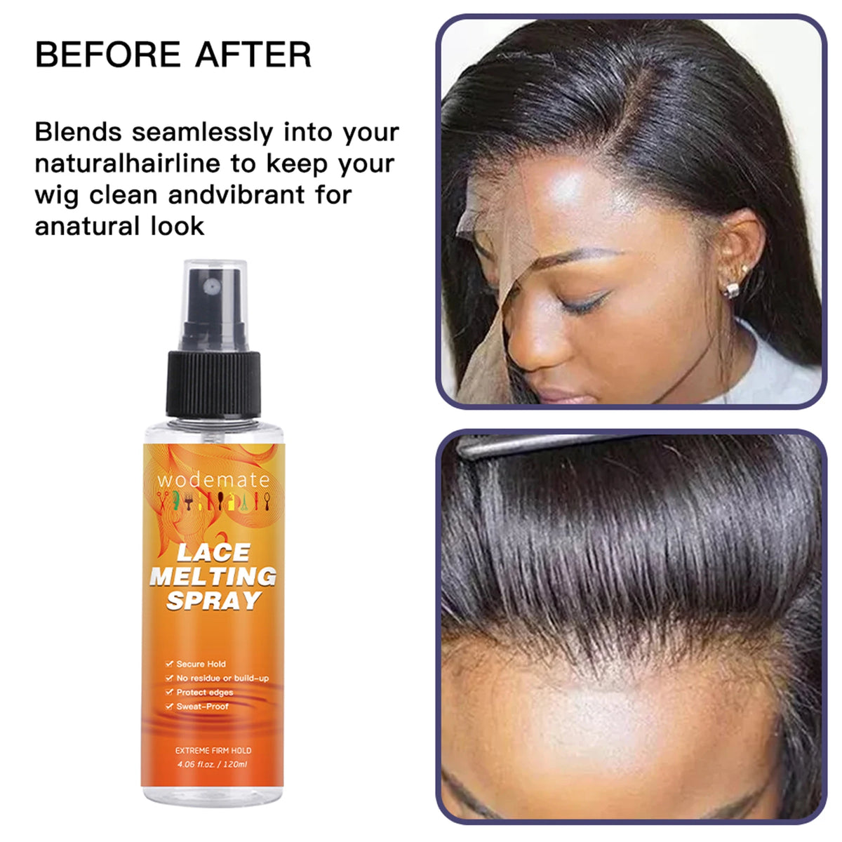 Melting Spray for Lace Wig Melting Spray Long Lasting Invisible Quick Drying Hold 120ml Hair Styling product
