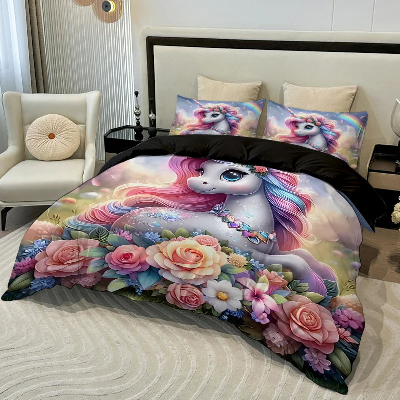 3PC Cartoon Unicorn Comfortable Bedding Set 1Duvet Cover & 2 Pillowcases Polyester Fiber 3D Digital Printing