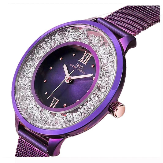 Luxury Women Watch Steel Mesh Strap Purple Rhinestone Waterproof Hand Clock Lady Wristwatch