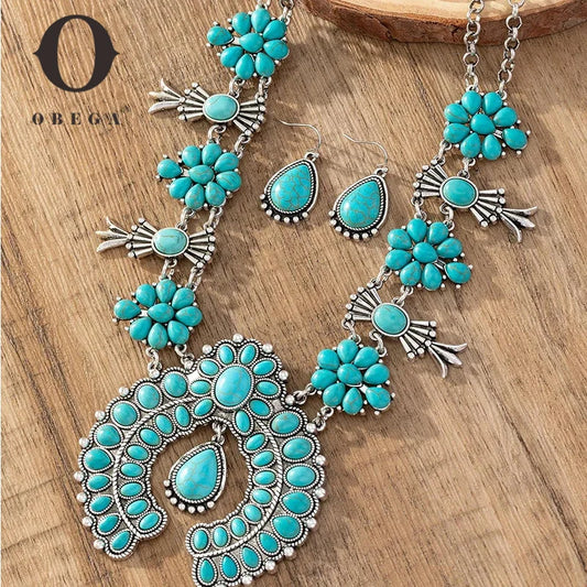 2 Pcs Set Bohemia Turquoise Stone Flower Pendant Earrings Water Drop Charm Jewellery