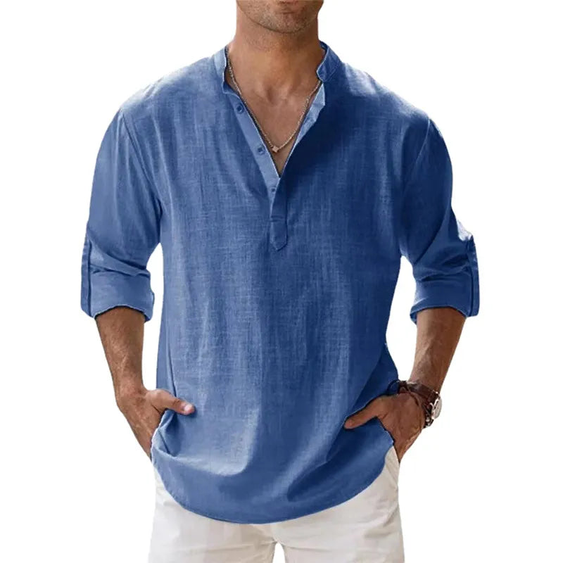 New Cotton Linen Shirts for Men Casual Shirts Lightweight Long Sleeve Henley Beach Shirts Hawaiian T Shirts for Men - Hiron Store
