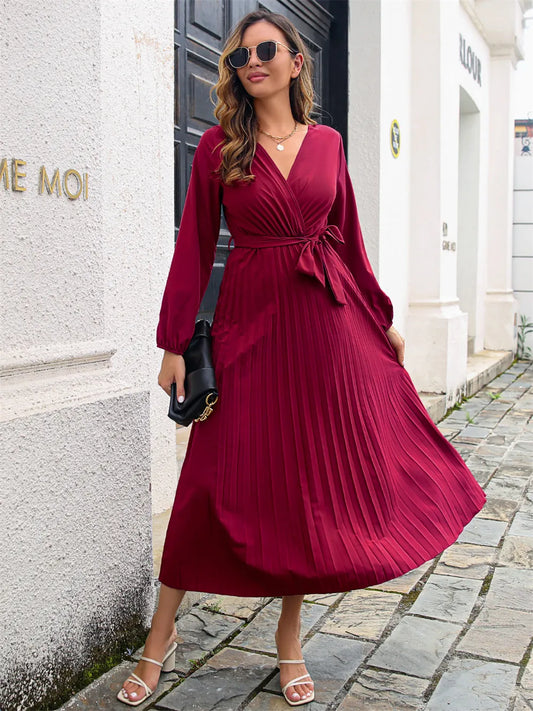 Spring Autumn Women Cross V Neck Large Pleated Dress Fashion Solid Full Sleeve Long Chic Ladies Dress with Belt - Hiron Store