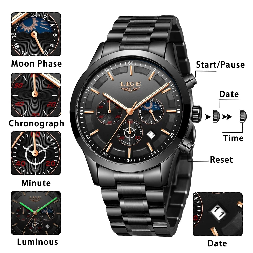 LIGE Business Watches Mens Top Brand Luxury Quartz Wristwatch 3Bar Waterproof Chronograph Luminous Watch for Gentleman Gift+Box - Hiron Store