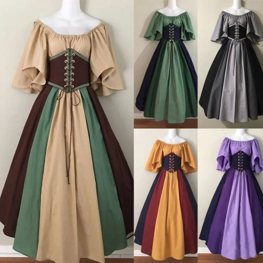 European and American Medieval Retro Contrasting Slim Fitting Skirt with Flying Sleeves Large Swing Skirt One Shoulder Dress - Hiron Store