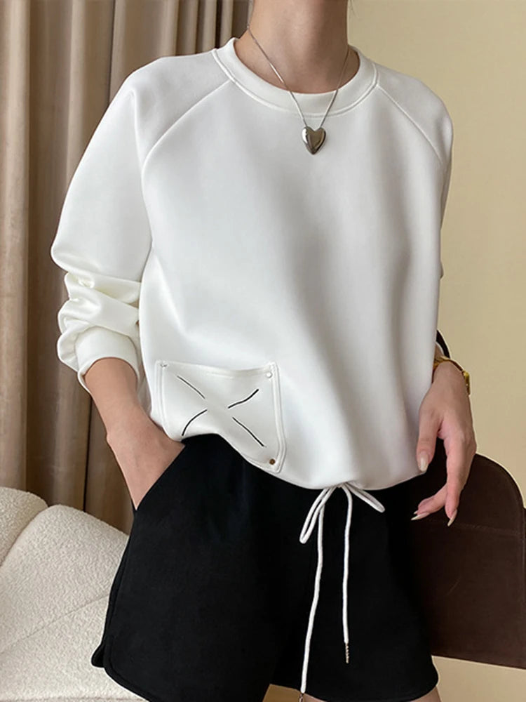 Embroidered Design Pullover Sweatshirt Women Solid Round Long Sleeve Casual Loose Tops