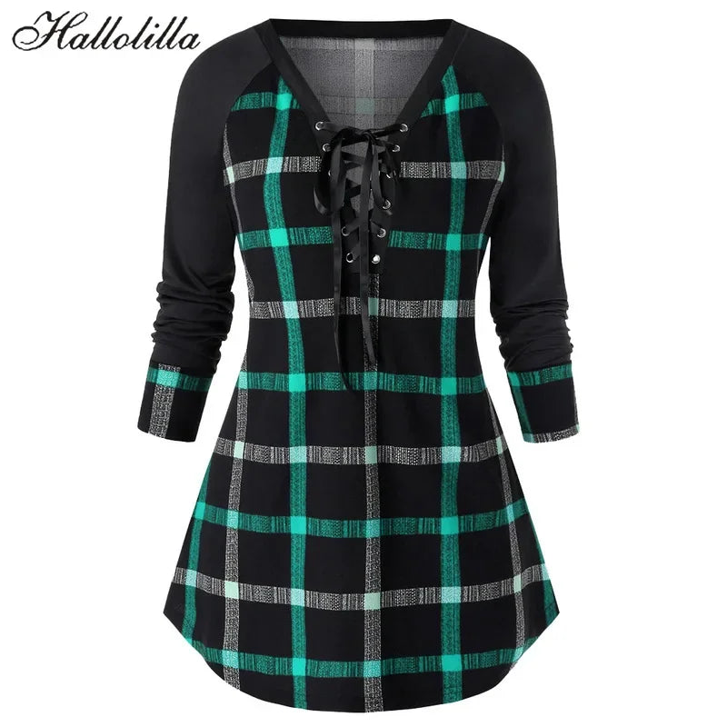 Women's Long T Shirt Casual Female Plaid T-Shirts Woman Clothing Tops