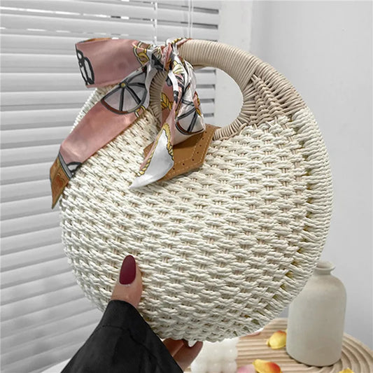 Holiday Shell Handbags Personality Cute Rattan Bag Casual Small Round Tote Woven Female Fashion Beach Bag - Hiron Store