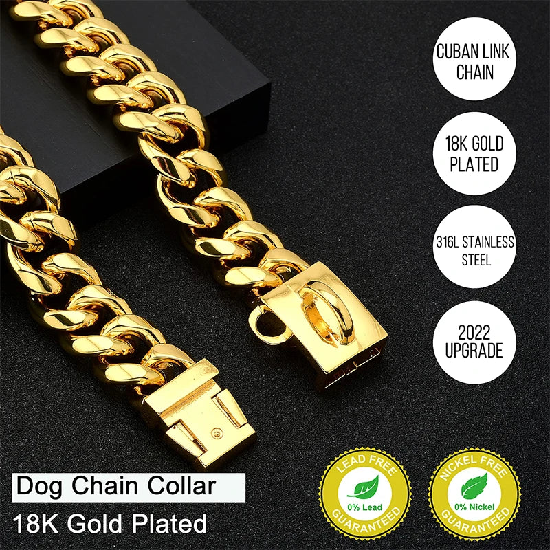 18K Gold Dog Collar Stainless Steel Cuban Link Chain 14mm Wide Metal Pet Necklace for Small Medium Large Dog