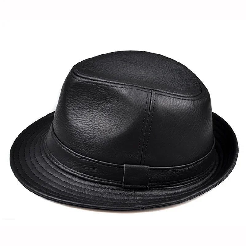 Man High Quality Genuine Leather Formal Hat Jazz Gentleman Cow Skin Short Black/Brown Top Hat