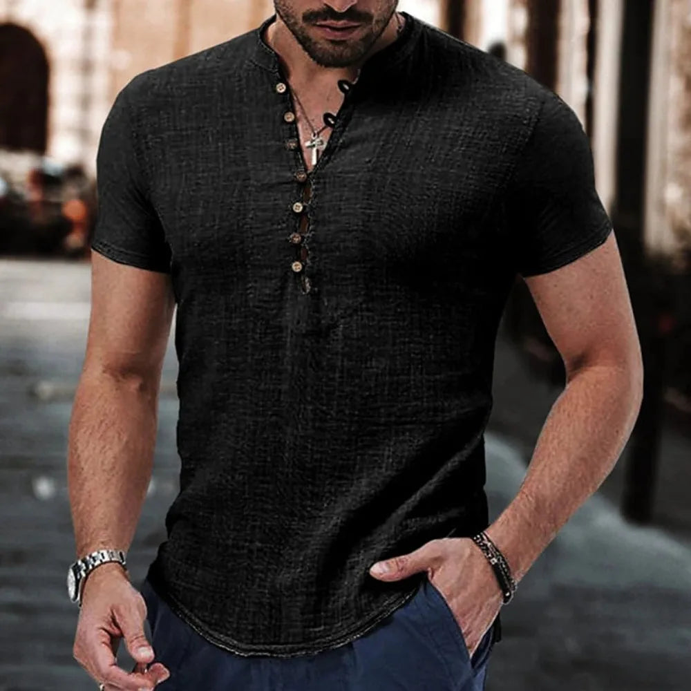 New Men's Short Sleeve Tshirt V neck button Cotton Linen Shirt Men's Casual Clothes Popular Tops for Men - Hiron Store