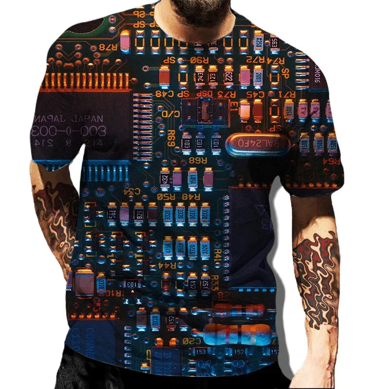 Circuit Board Electronic Chip Tee Unisex Summer Casual Short Sleeve Men Harajuku Streetwear Crew Neck Oversized Family T-shirt - Hiron Store