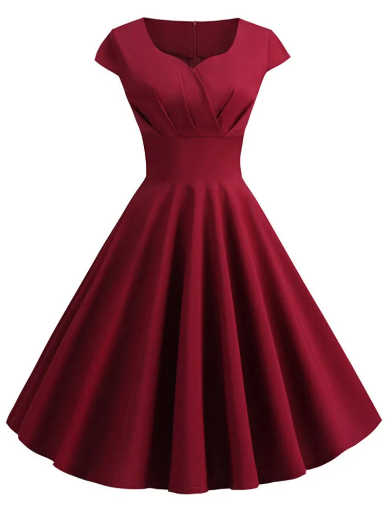 Pink Summer Dress Women V Neck Vintage Robe Elegant Retro pin up Party Office Midi Dresses - Hiron Store