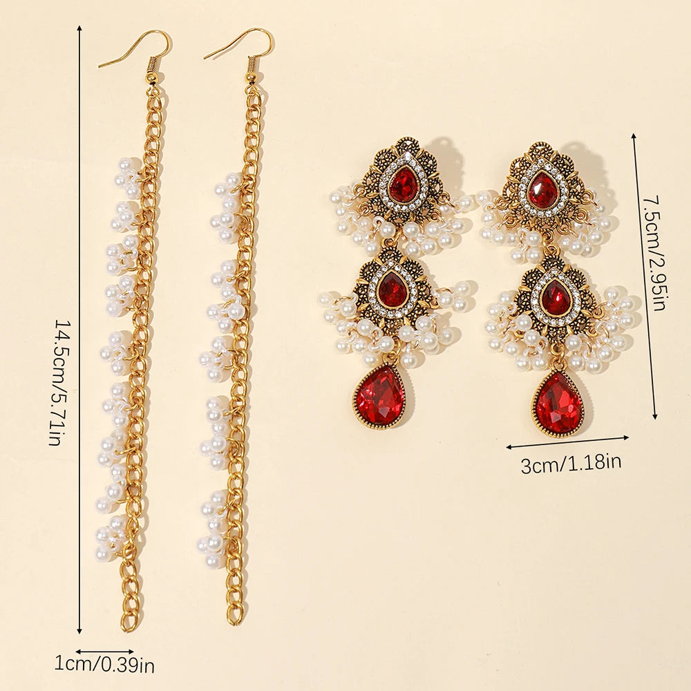 Boho Water Drop Long Earrings Headdress for Women Luxury Crystal Pearl Tassel Wedding Jewellery