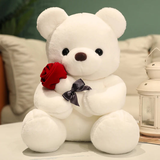 Kawaii Teddy Bear with Roses Plush Toy Soft Bear Stuffed Doll Romantic Gift for Lover Gifts for Girls