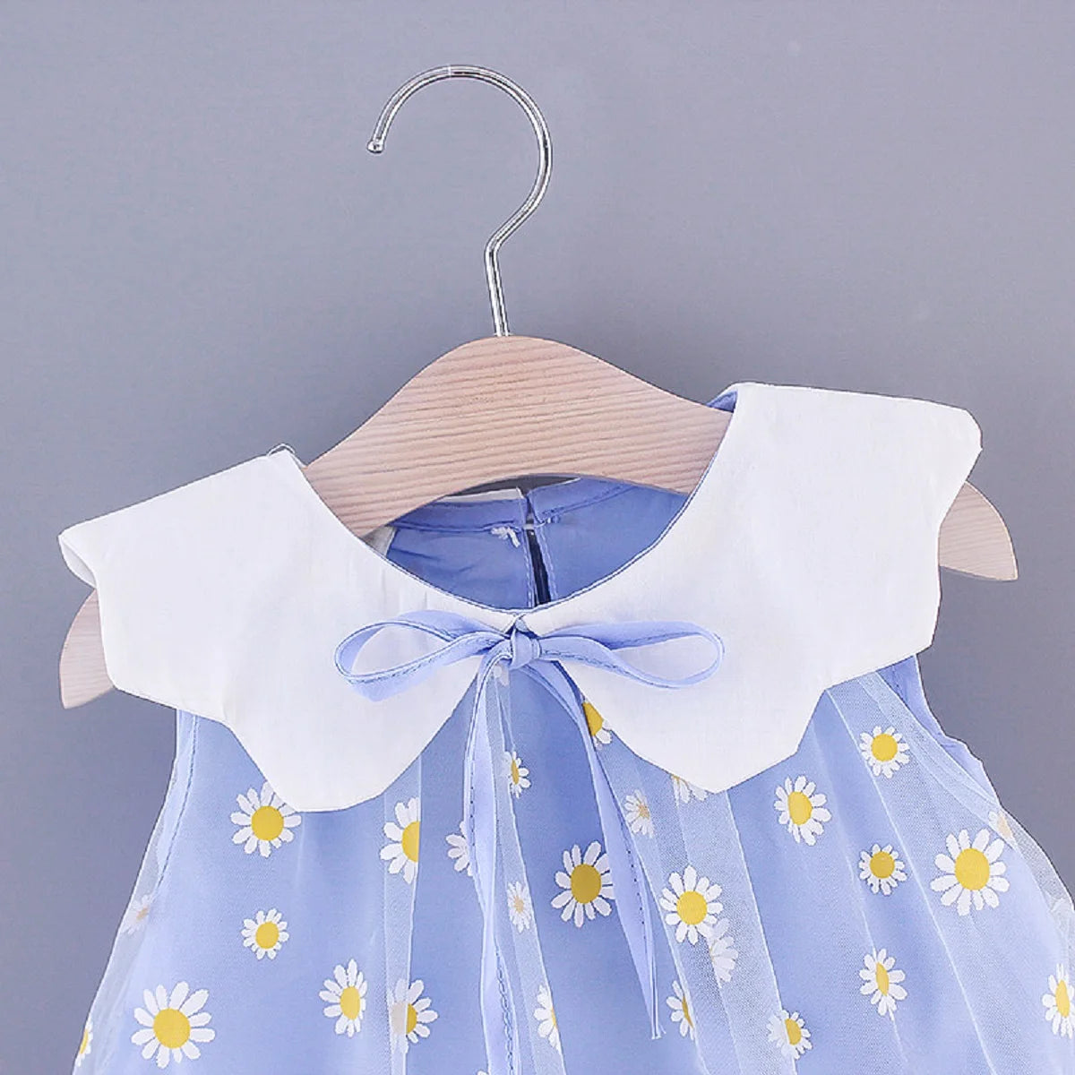 Summer girls' small daisy printing mesh doll collar sleeveless sweet dress