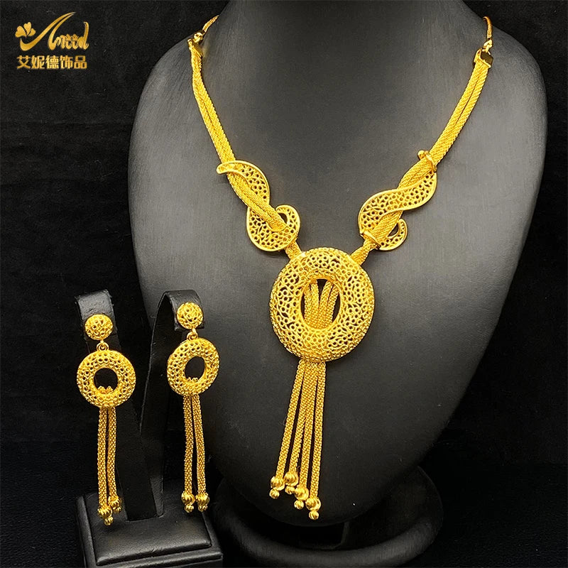 ANIID Luxury African Pendant Necklace Earrings Set With Tassel for Women Arabic Banquet 24K Gold Plated Jewelry Sets Party Gifts - Hiron Store