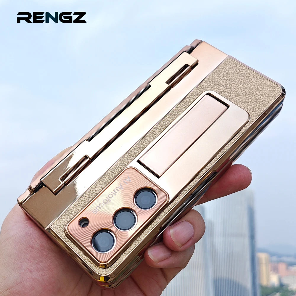 Plating Leather Stand Flat Hinge Protective Case For Samsung Galaxy Z Fold 6 5 4 3 With Protection Cover