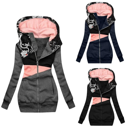 Women's Clothing Sweatshirt Zipper Color Block Printing Hooded Long Sleeve Jacket