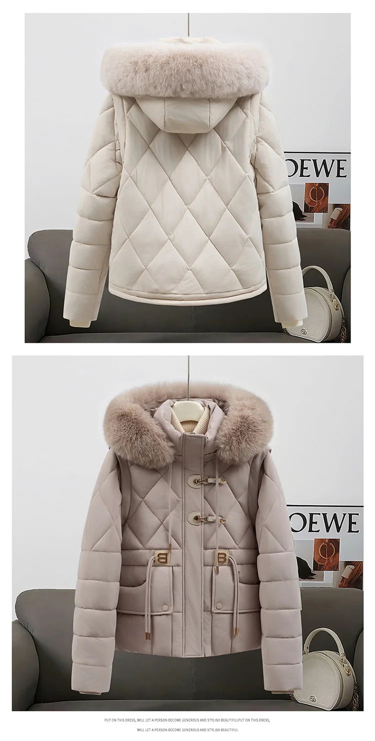 2026 New Women's down Cotton Jacket Short Thickened Large Fur Collar Loose Winter Coat