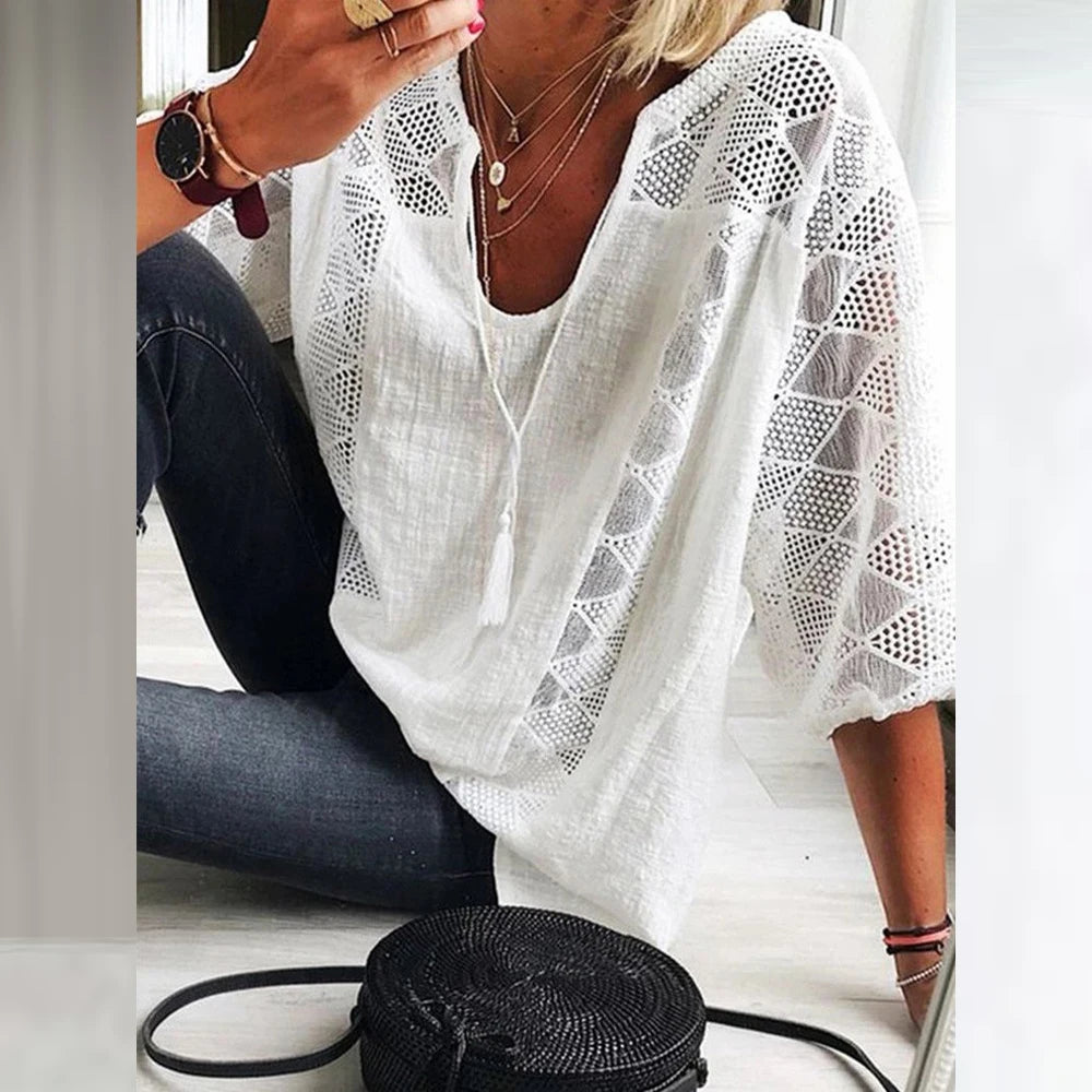 Women‘s Cotton Linen Tunic Tops V Neck Sleeve T-Shirt Ladies Clothing