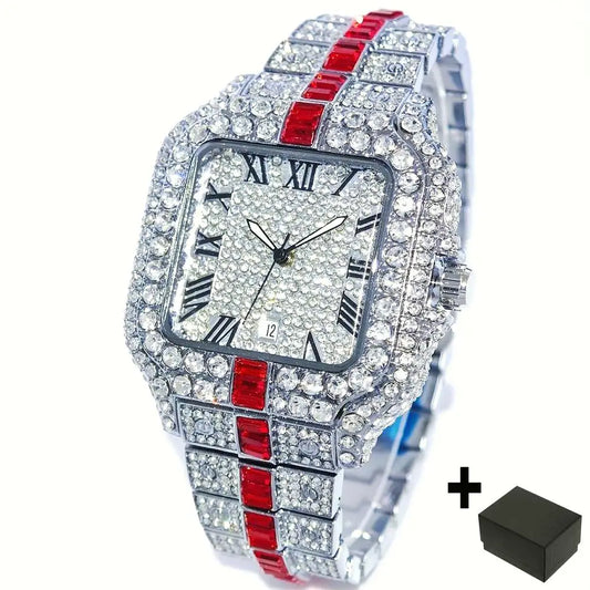 Diamond Watch Men Hip Hop Iced Out Bling Jewellery Square Quartz Wristwatch