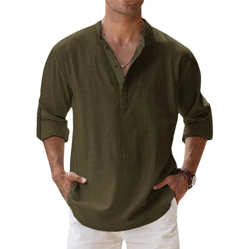 New Cotton Linen Shirts for Men Casual Shirts Lightweight Long Sleeve Henley Beach Shirts Hawaiian T Shirts for Men - Hiron Store